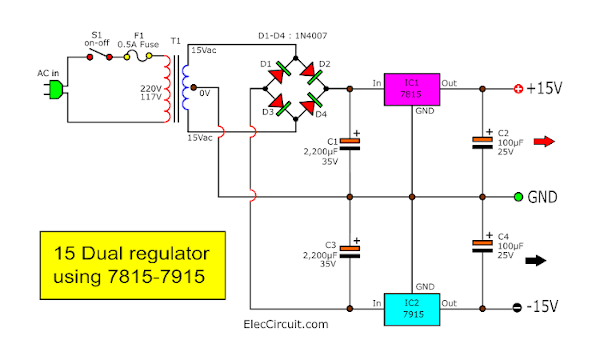small 15V 1A Dual regulator circuit using 7815 7915
