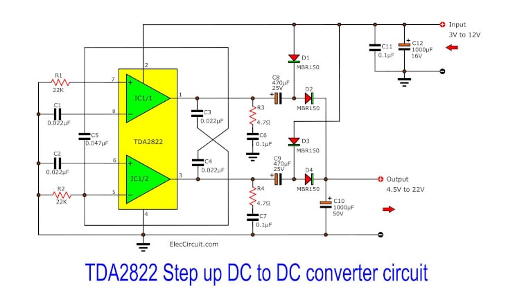 TDA2822 Step up DC to DC converter circuit