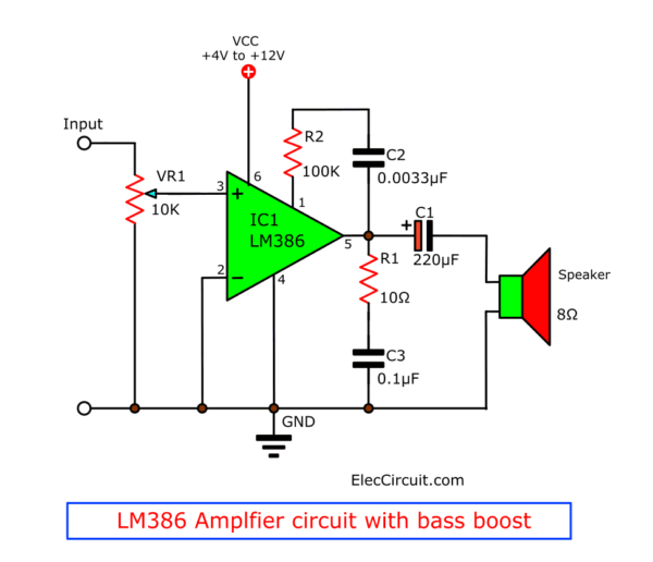 LM386 audio amplifier circuit with PCB | ElecCircuit.com