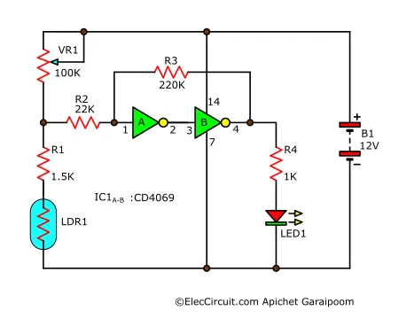 Automatic LED night light circuit using inverter Gate Schmitt trigger