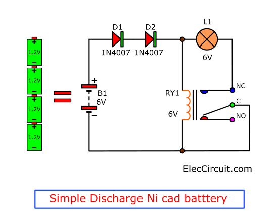 simple discharge ni cad battery using Relay and lamp