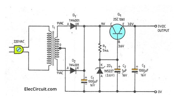 3V DC regulator using Zener Diode transistor