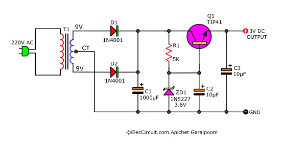 3V DC regulator using Zener diode and transistor