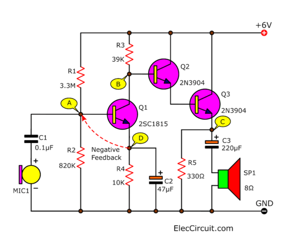 Microphone 3 transistors audio amplifier