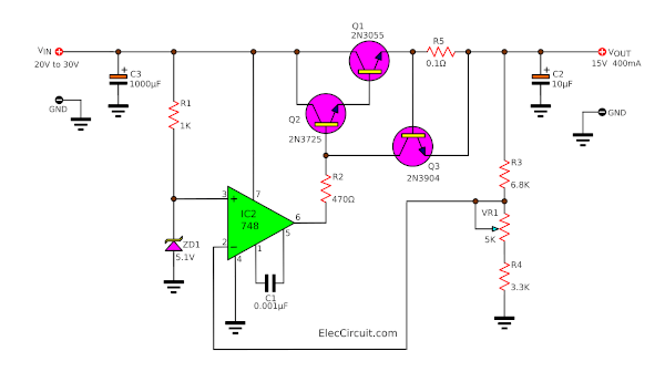 DC Regulator, 15V 400mA using IC-748 and 2N3055