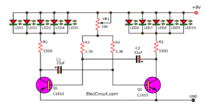 10 LED flasher circuit using multivibrator transistor