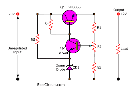 Basic transistor series voltage regulator circuit diagram