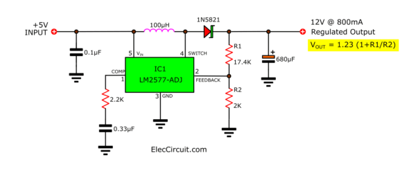 Basic using LM2577-ADJ Boost converter 5V to 12V 800mA