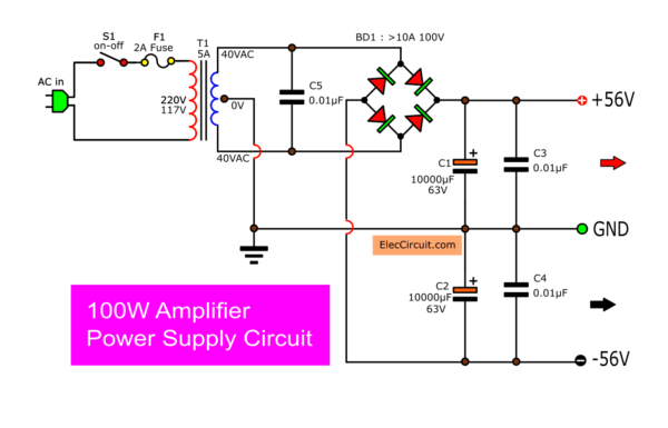 100Watts amplifier power supply circuit