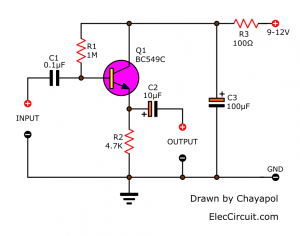 High impedance preamplifier using a transistor
