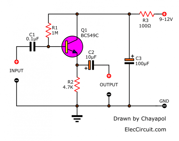 High impedance preamplifier using a transistor