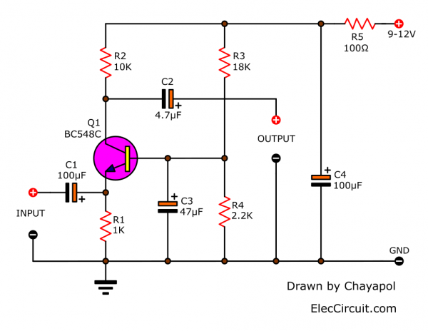 Low impedance input Preamplifier circuit using transistor