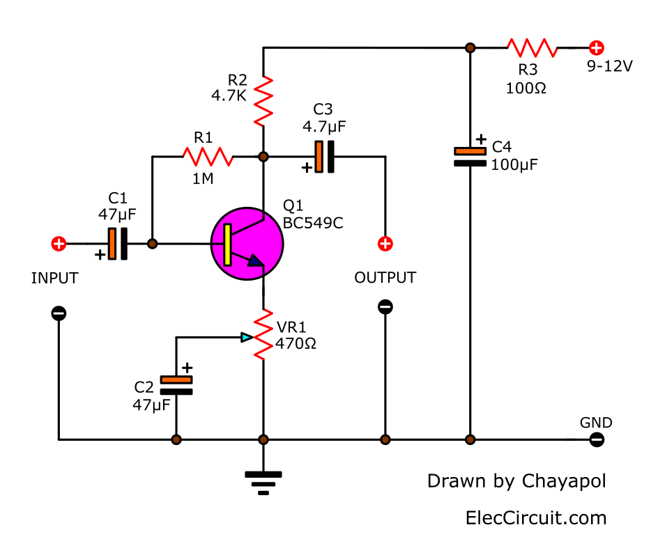 single-supply capacitively-coupled investing preamplifier diagram