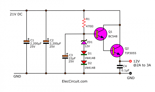 12V 3A DC to DC converter circuit using transistor and Zener