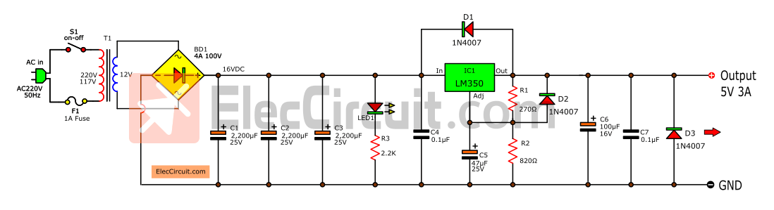 5V 3A power supply circuit using LM350
