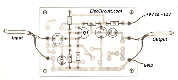 components layout of FET preamplifier circuit very high impedance