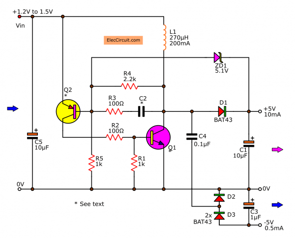 1.5V to +/-5V DC Converter circuit using 2 transistors for LCD display 