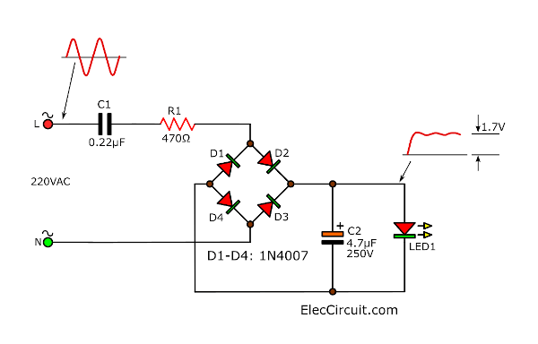 Bridge cap fed power supply for LED Display with capacitor filter