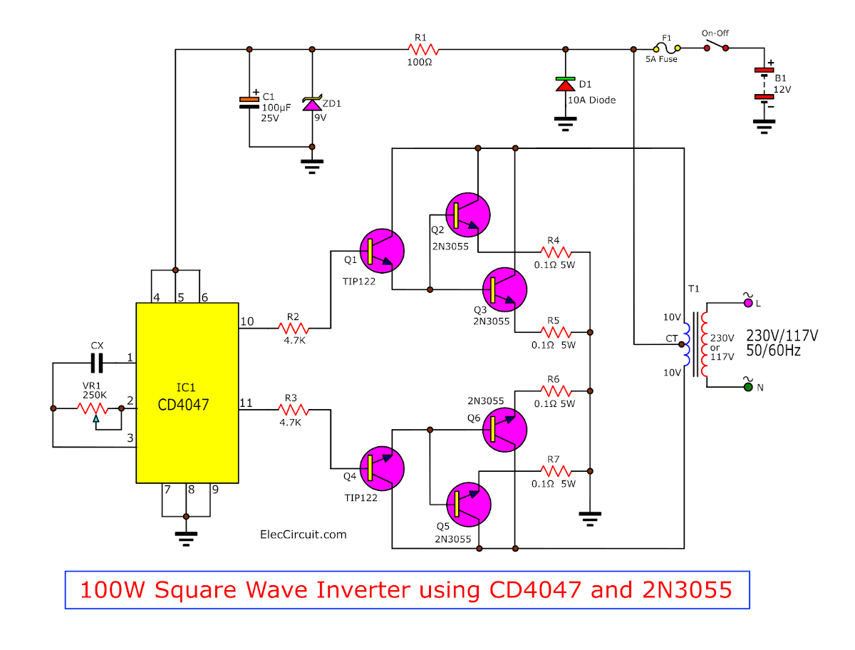 100W inverter circuit using CD4047 and 2N3055