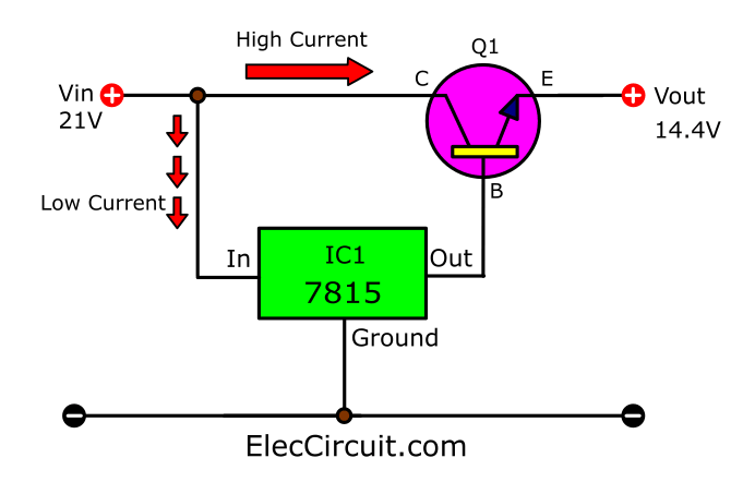 14.4V DC regulator circuit using 7815 and transistor