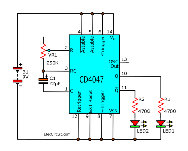 CD4047 Simple Astable multivibrator Circuit | ElecCircuit.com