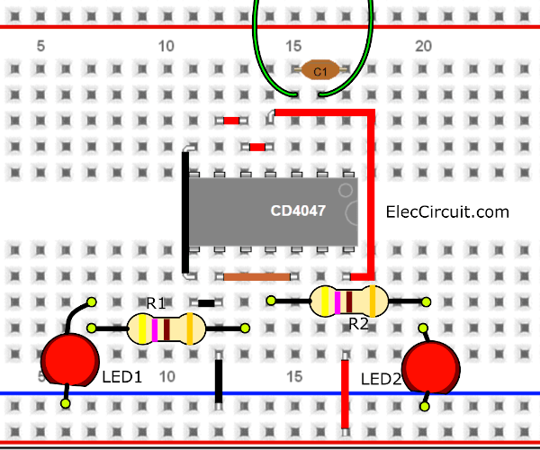 Breadboard Layout of blinking LEDs