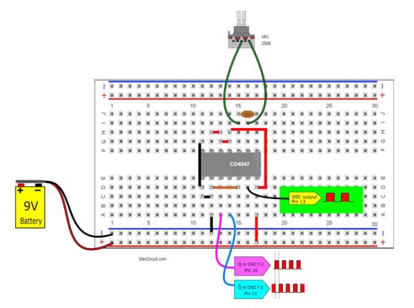 component layout breadboard of basic CD4047 oscillator circuit