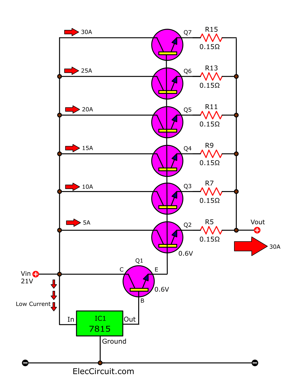 Connects transistor in parallel boost current upto 30A