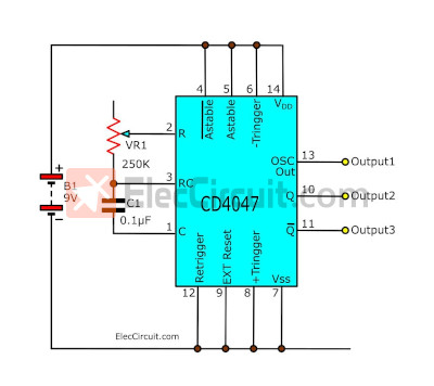 Simple astable multivibrator circuit using CD4047 CMOS IC