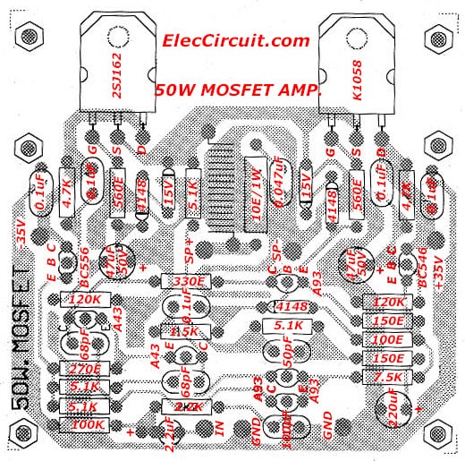component layout of 50 watts MOSFET Amplifier circuit