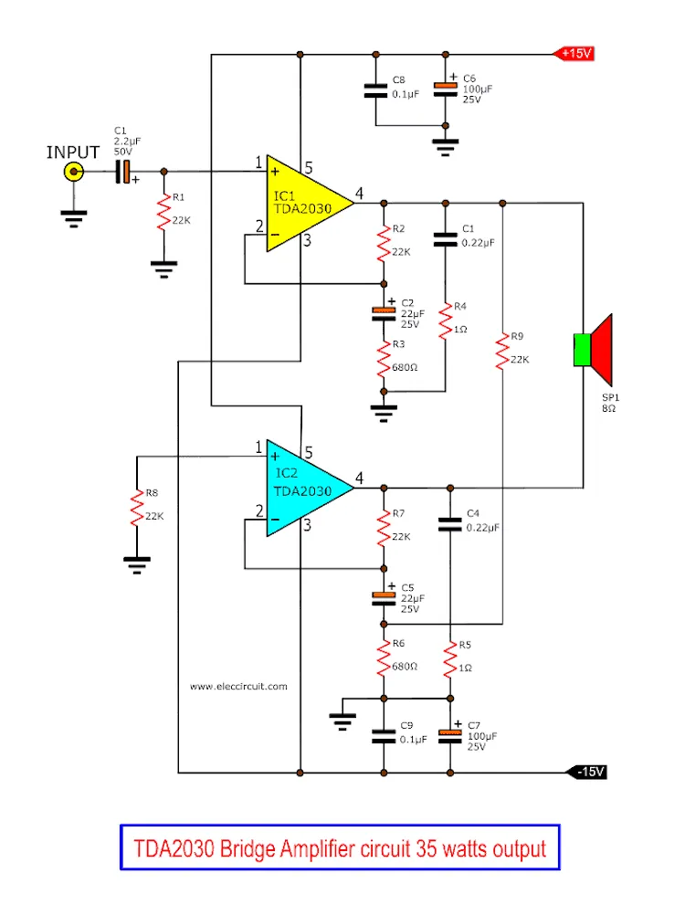 Circuit diagram of 35 watts Bridge Amplifier  using TDA2030
