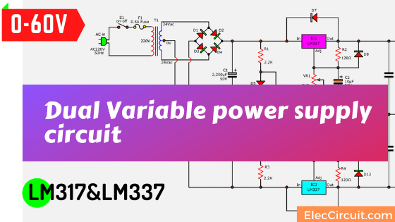 0-60V Dual Variable power supply circuit using LM317&LM337