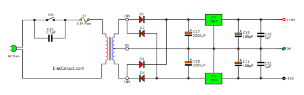 18V Dual Regulator circuit diagram using IC7818 and IC7918