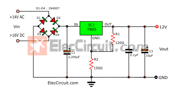 1A 12V Power Supply Circuit 7805