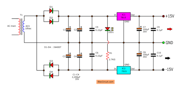 7815-7915 Dual power supply circuit using 2 terminal transformer