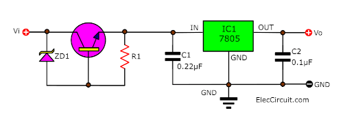 High input voltage for 7805 using transistor Zener diode