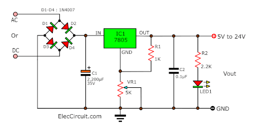 adjustable output voltage 5V to 24V using 7805