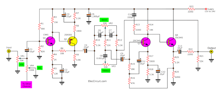 7 tone control circuit diagram with PCB layout | ElecCircuit
