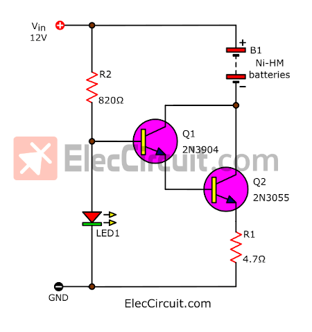 Ni-HM battery charger circuit using transistors, constant current