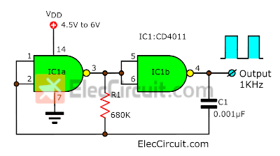 1KHz Oscillator circuit using CD4011 NAND Gates