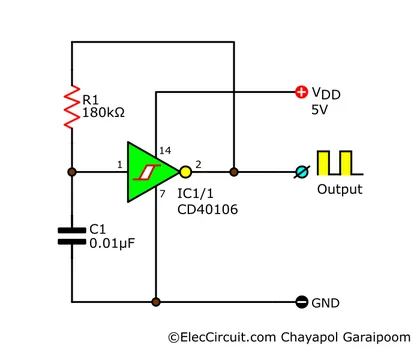 circuit diagram of 1kHz clock generator circuit using a CD40106 Schmitt trigger inverter chip