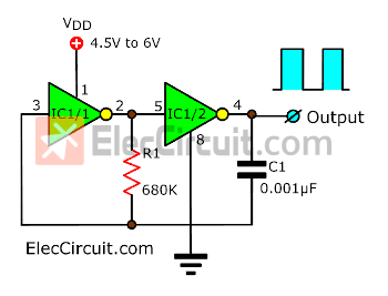 Basic 1KHz clock generator circuit using CD4049 NOT Gates