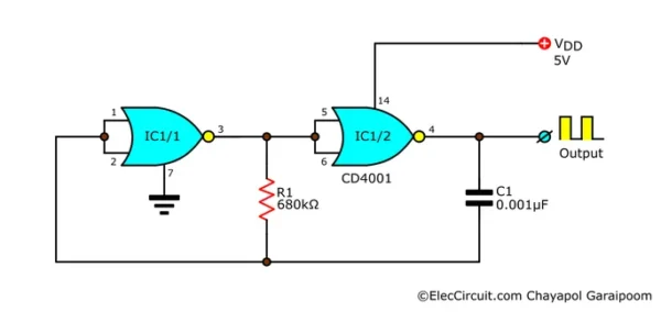 circuit schematic of basic 1kHz clock generator circuit using a CD4001 NOR chip