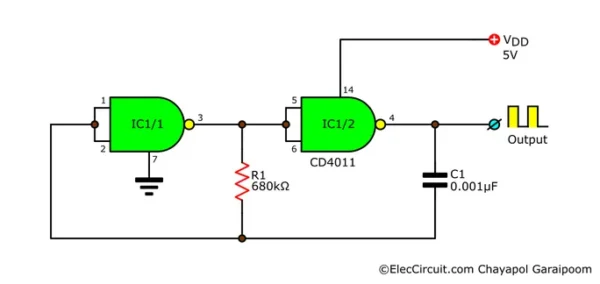 circuit schematic of basic 1kHz clock generator circuit using a CD4011 NAND chip
