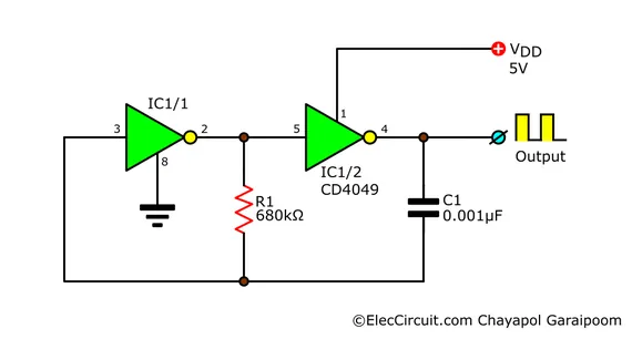circuit schematic of basic 1kHz clock generator circuit using a CD4049 NOT gate chip