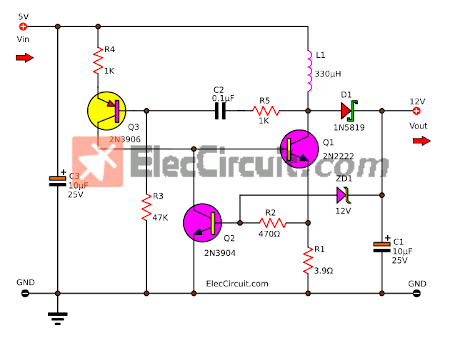 5V to 12V DC-to-DC Step-Up Converter circuit using transistors