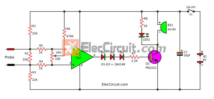 Create continuity tester circuit with buzzer and LED