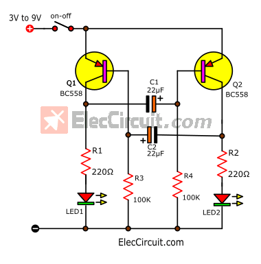 Pligt Cape kuvert LED Flashers Circuits and Projects using transistor | ElecCircuit.com