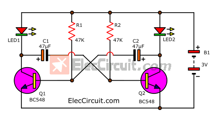Two LED flasher circuit using NPN transistor