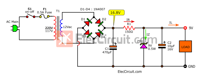 9V regulator circuit using Zener-diode